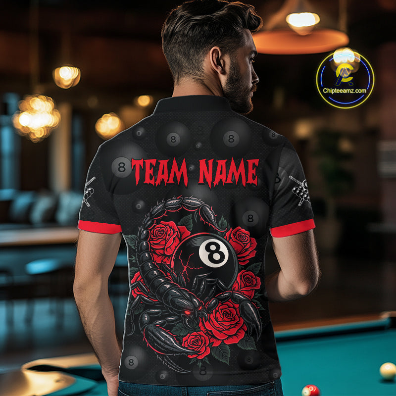 Black Red 8 Ball Scorpion Roses Billiard Shirt For Men Custom Pool Team Shirt, Billiard Jersey TDM5345