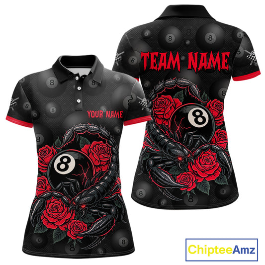 Black Red 8 Ball Scorpion Roses Billiard Shirt For Women Custom Pool Team Shirt, Billiard Jersey TDM5345