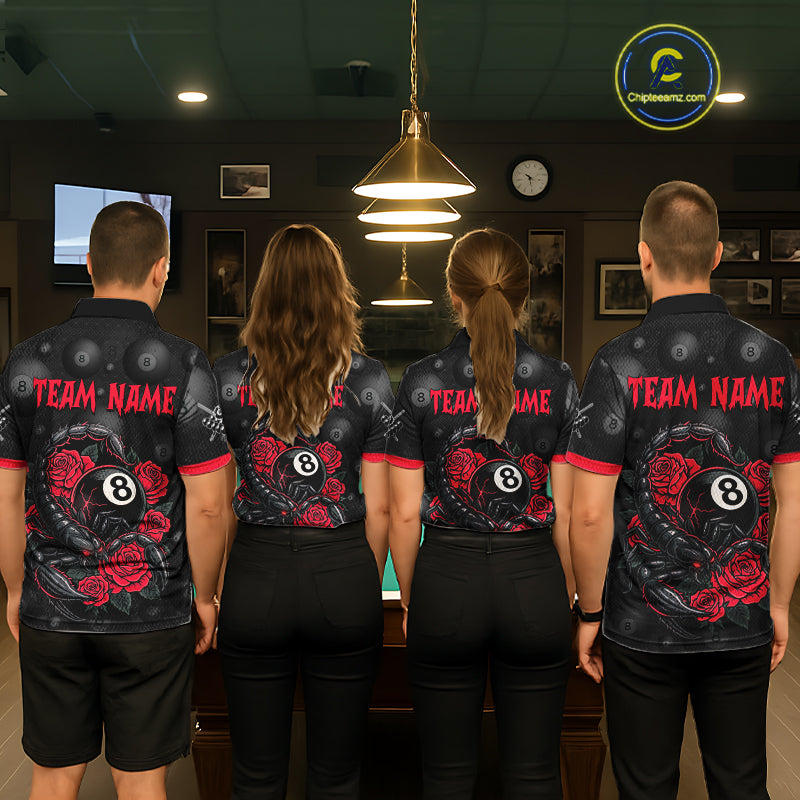 Black Red 8 Ball Scorpion Roses Billiard Shirt For Men Custom Pool Team Shirt, Billiard Jersey TDM5345