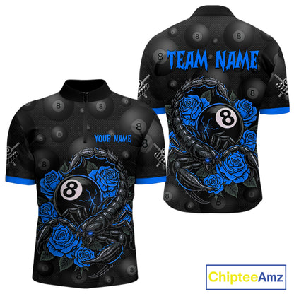 Black Blue 8 Ball Scorpion Roses Billiard Shirt For Men Custom Pool Team Shirt, Billiard Jersey TDM5346