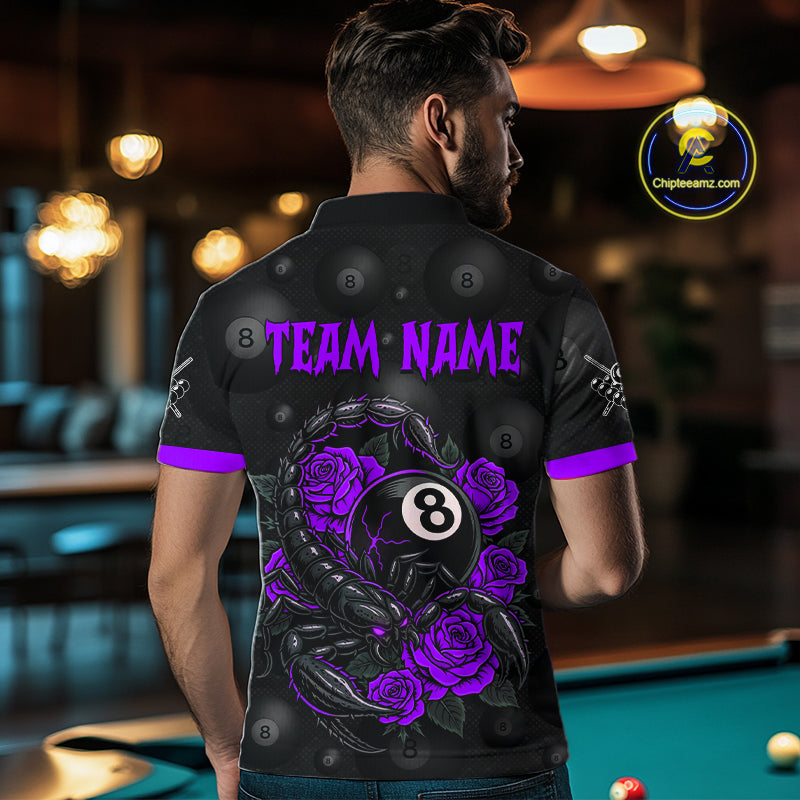 Black Purple 8 Ball Scorpion Roses Billiard Shirt For Men Custom Pool Team Shirt, Billiard Jersey TDM5347