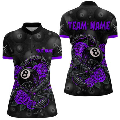 Black Purple 8 Ball Scorpion Roses Billiard Shirt For Women Custom Pool Team Shirt, Billiard Jersey TDM5347