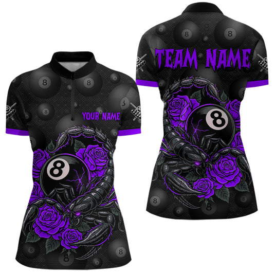 Black Purple 8 Ball Scorpion Roses Billiard Shirt For Women Custom Pool Team Shirt, Billiard Jersey TDM5347