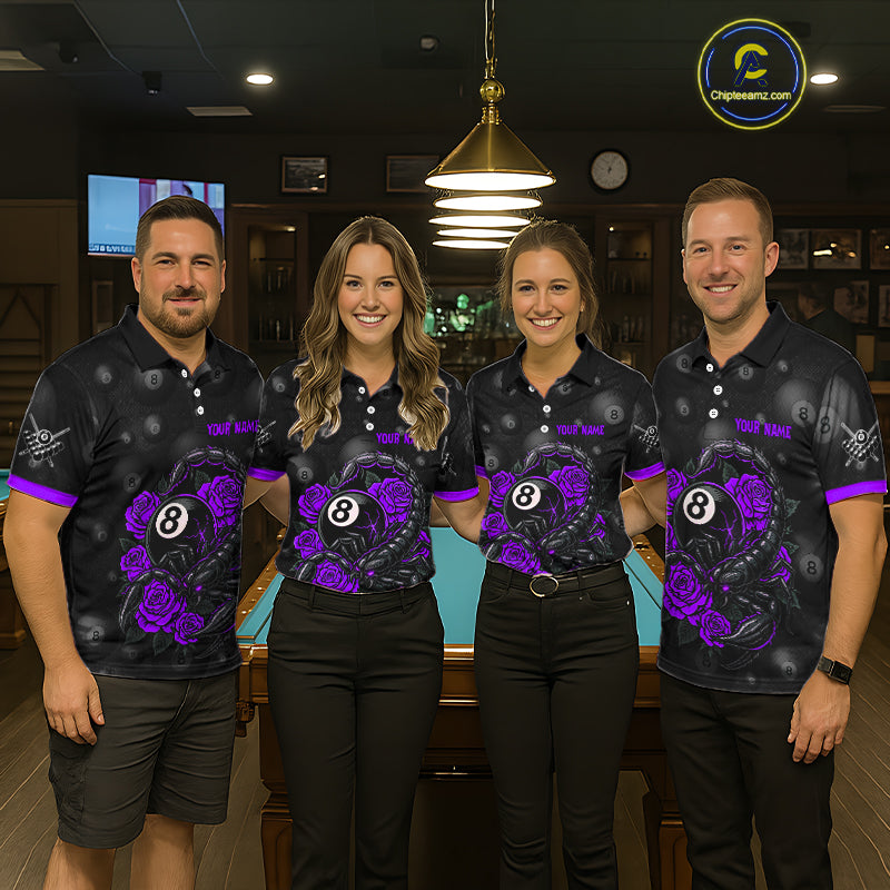 Black Purple 8 Ball Scorpion Roses Billiard Shirt For Men Custom Pool Team Shirt, Billiard Jersey TDM5347