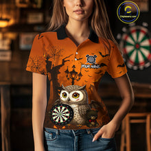 Load image into Gallery viewer, Personalized Orange Funny Owl Halloween Darts Shirt For Women Custom Pumpkin Darts Jersey TDM4929