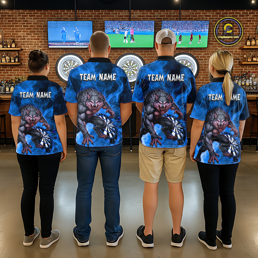 Blue Flaming Wolf Darts Shirt For Men Custom Darts League Jersey Team Polo & Quarter Zip TDM5360