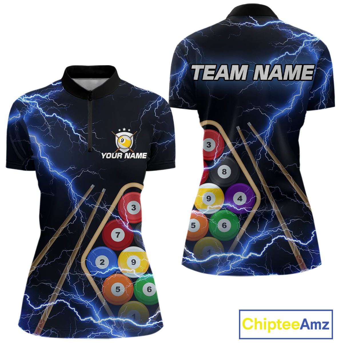 Blue 9 Ball Thunder Lightning Billiard Shirts For Women Custom 9 Ball Pool Team Jersey Polo, 1/4 Zip TDM5633