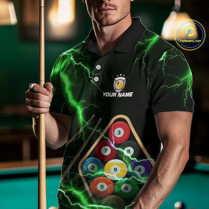 Green 9 Ball Thunder Lightning Billiard Shirts For Men Custom 9 Ball Pool Team Jersey Polo, 1/4 Zip TDM5634