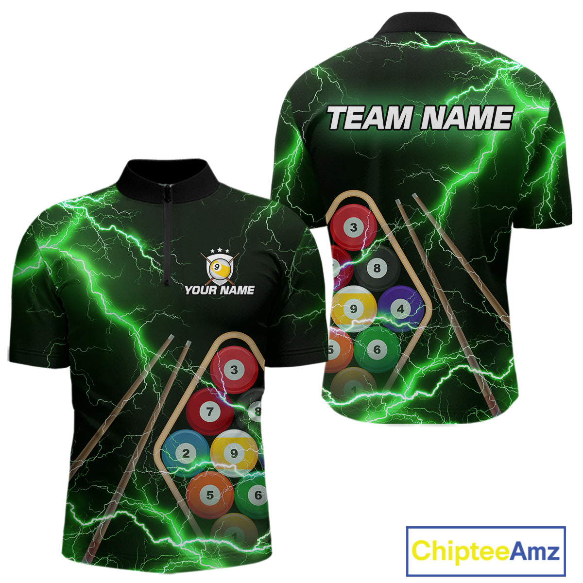 Green 9 Ball Thunder Lightning Billiard Shirts For Men Custom 9 Ball Pool Team Jersey Polo, 1/4 Zip TDM5634