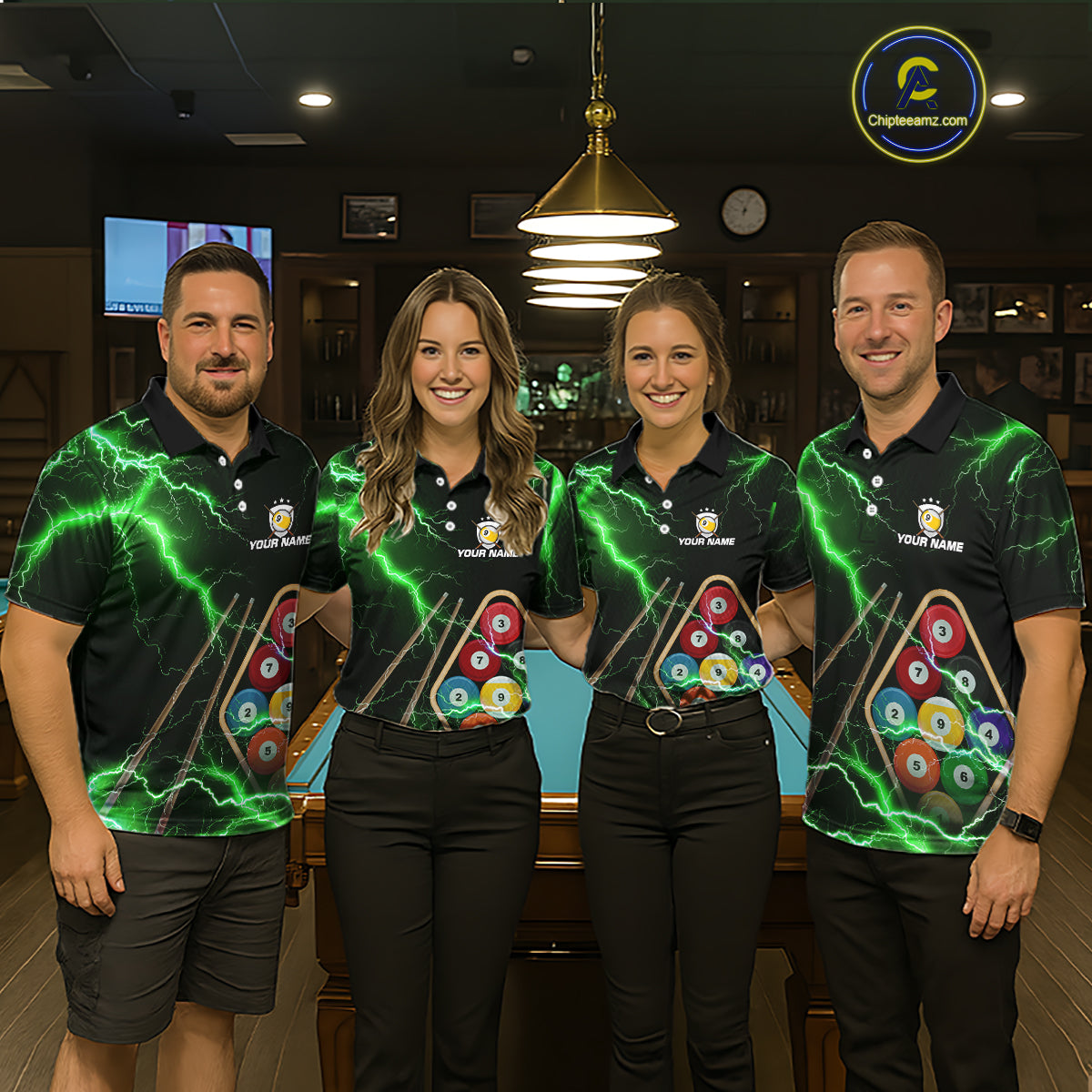 Green 9 Ball Thunder Lightning Billiard Shirts For Men Custom 9 Ball Pool Team Jersey Polo, 1/4 Zip TDM5634