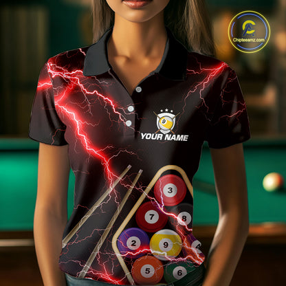 Red 9 Ball Thunder Lightning Billiard Shirts For Women Custom 9 Ball Pool Team Jersey Polo & 1/4 Zip TDM5635