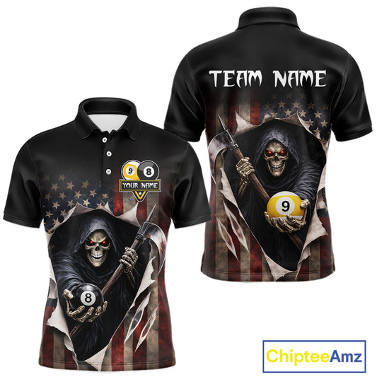 Grim Reaper 8 Ball & 9 Ball Pool American Flag Billiard Shirt For Men Custom Billiard Team Jersey TDM5638