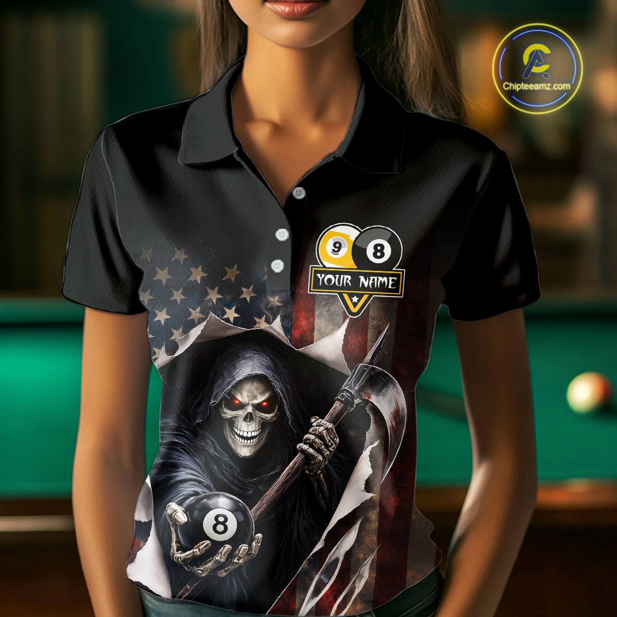 Grim Reaper 8 Ball & 9 Ball Pool American Flag Billiard Shirt For Women Custom Billiard Team Jersey TDM5638