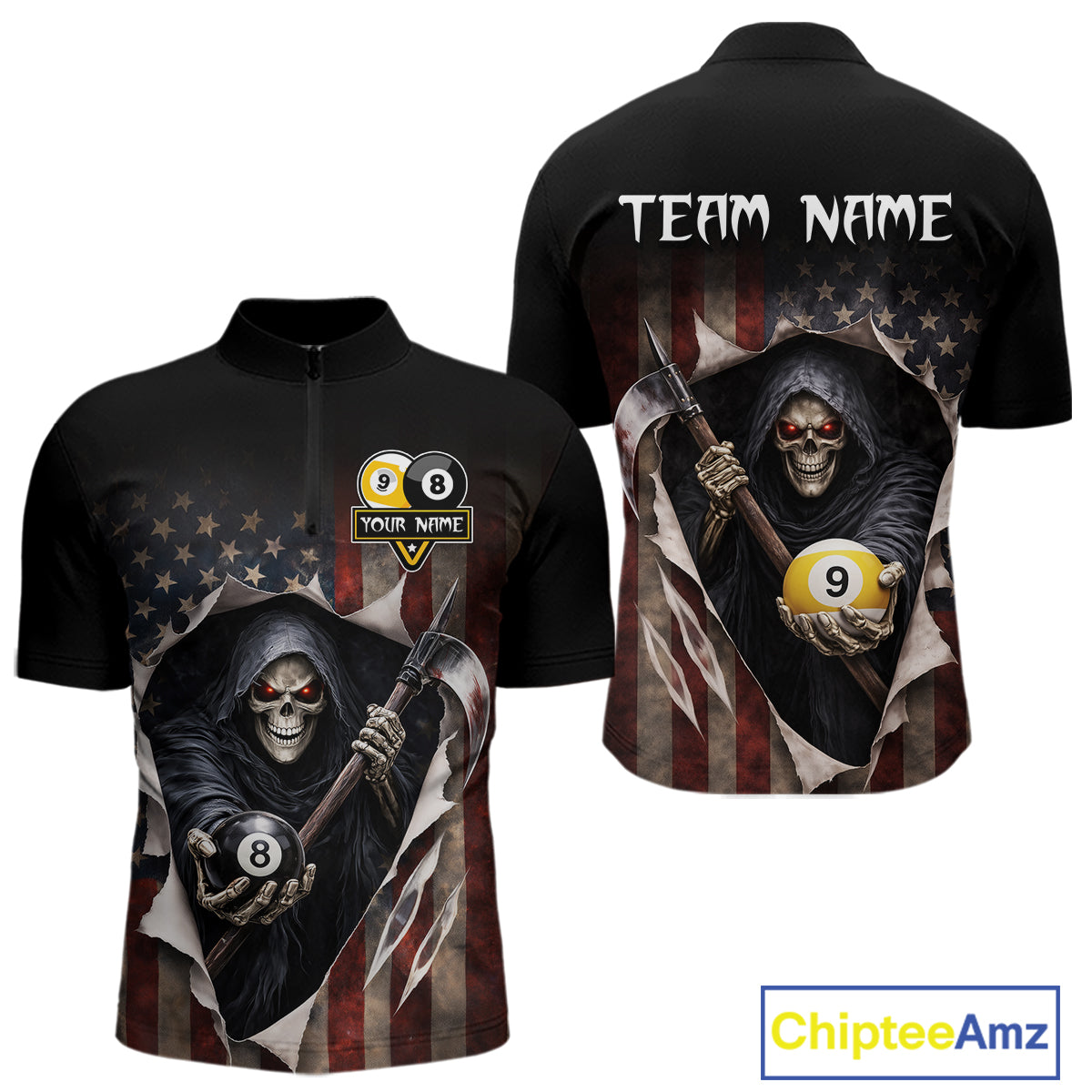 Grim Reaper 8 Ball & 9 Ball Pool American Flag Billiard Shirt For Men Custom Billiard Team Jersey TDM5638
