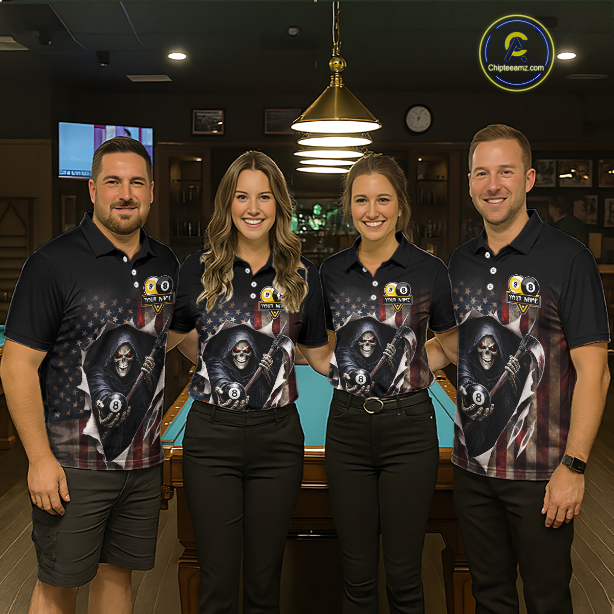 Grim Reaper 8 Ball & 9 Ball Pool American Flag Billiard Shirt For Men Custom Billiard Team Jersey TDM5638