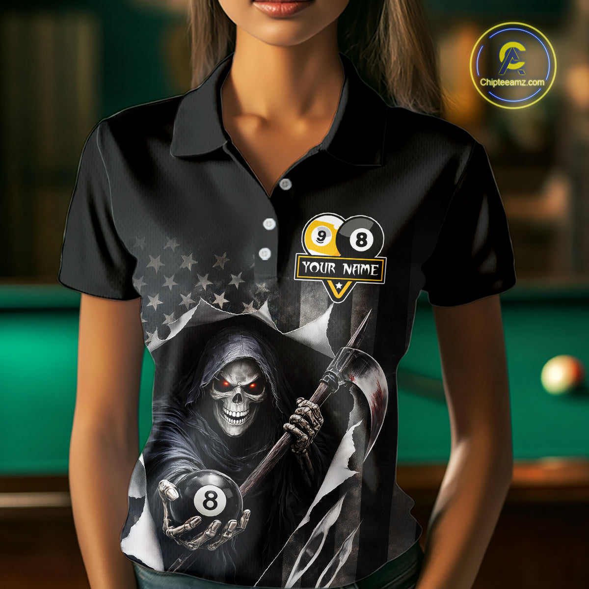 Grim Reaper 8 Ball & 9 Ball US Flag Billiard Shirt For Women Custom Pool Team Jersey Polo & 1/4 Zip TDM5639