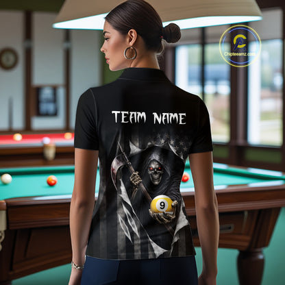 Grim Reaper 8 Ball & 9 Ball US Flag Billiard Shirt For Women Custom Pool Team Jersey Polo & 1/4 Zip TDM5639