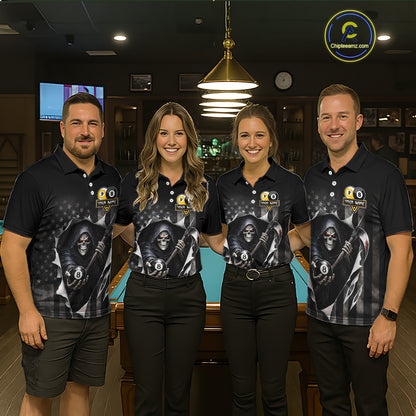 Grim Reaper 8 Ball & 9 Ball US Flag Billiard Shirt For Men Custom Pool Team Jersey Polo & 1/4 Zip TDM5639