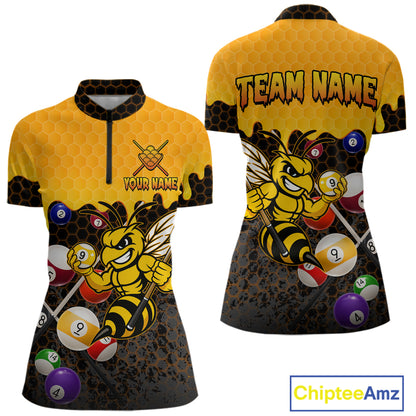Custom Yellow Black Funny Bee 9 Ball Billiard Shirt For Women, Pool Team Jersey Polo & 1/4 Zip TDM6005