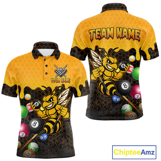 Custom Yellow Black Funny Bee 8 Ball Billiard Shirt For Men, Pool Team Jersey Polo & 1/4 Zip TDM6006