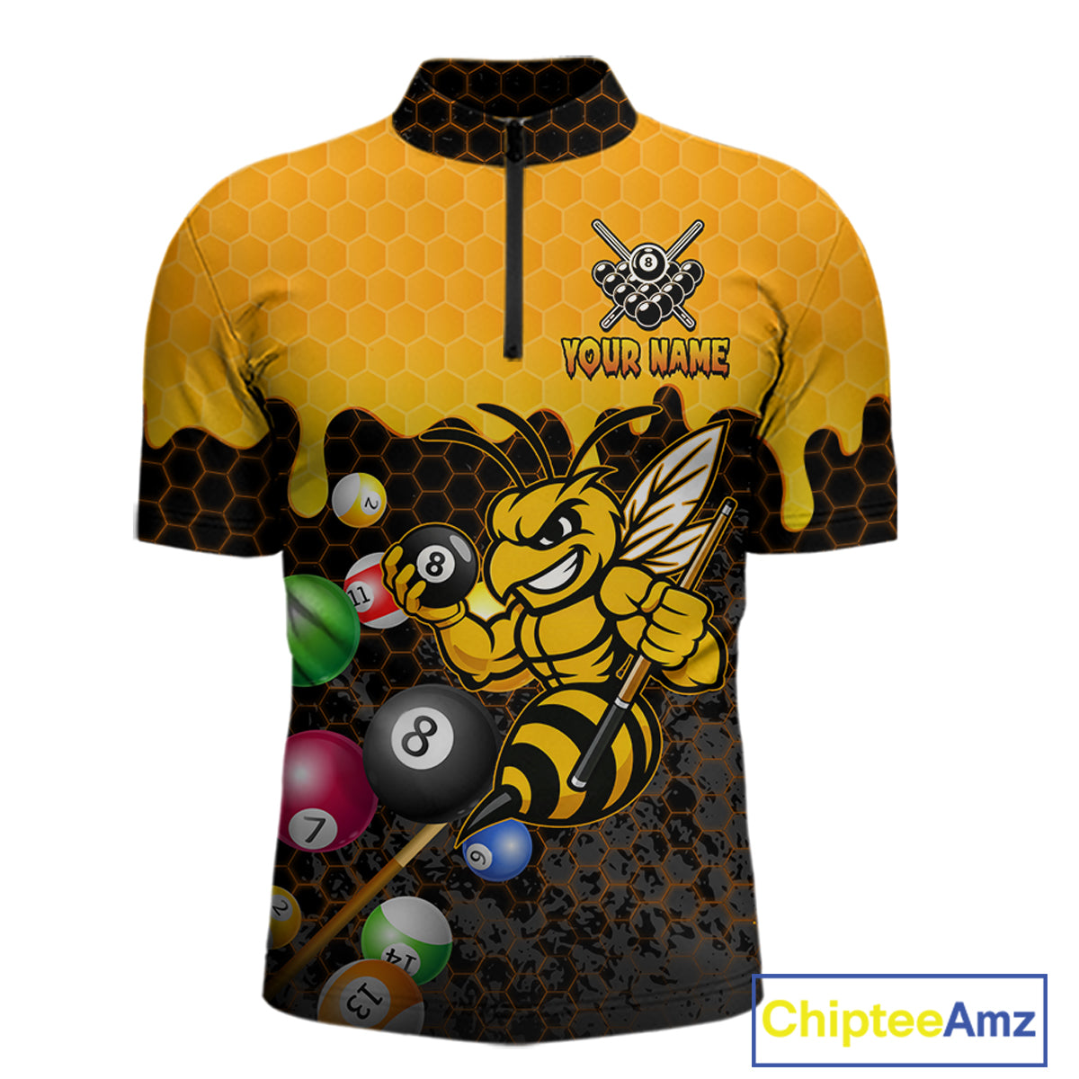 Custom Yellow Black Funny Bee 8 Ball Billiard Shirt For Men, Pool Team Jersey Polo & 1/4 Zip TDM6006