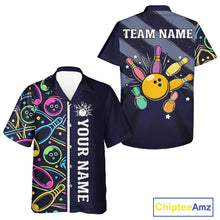 Load image into Gallery viewer, Personalized Funny Neon Bowling Hawaiian Shirt For Women, Retro Bowling Team Jersey Outfit | Navy Blue TDM6460