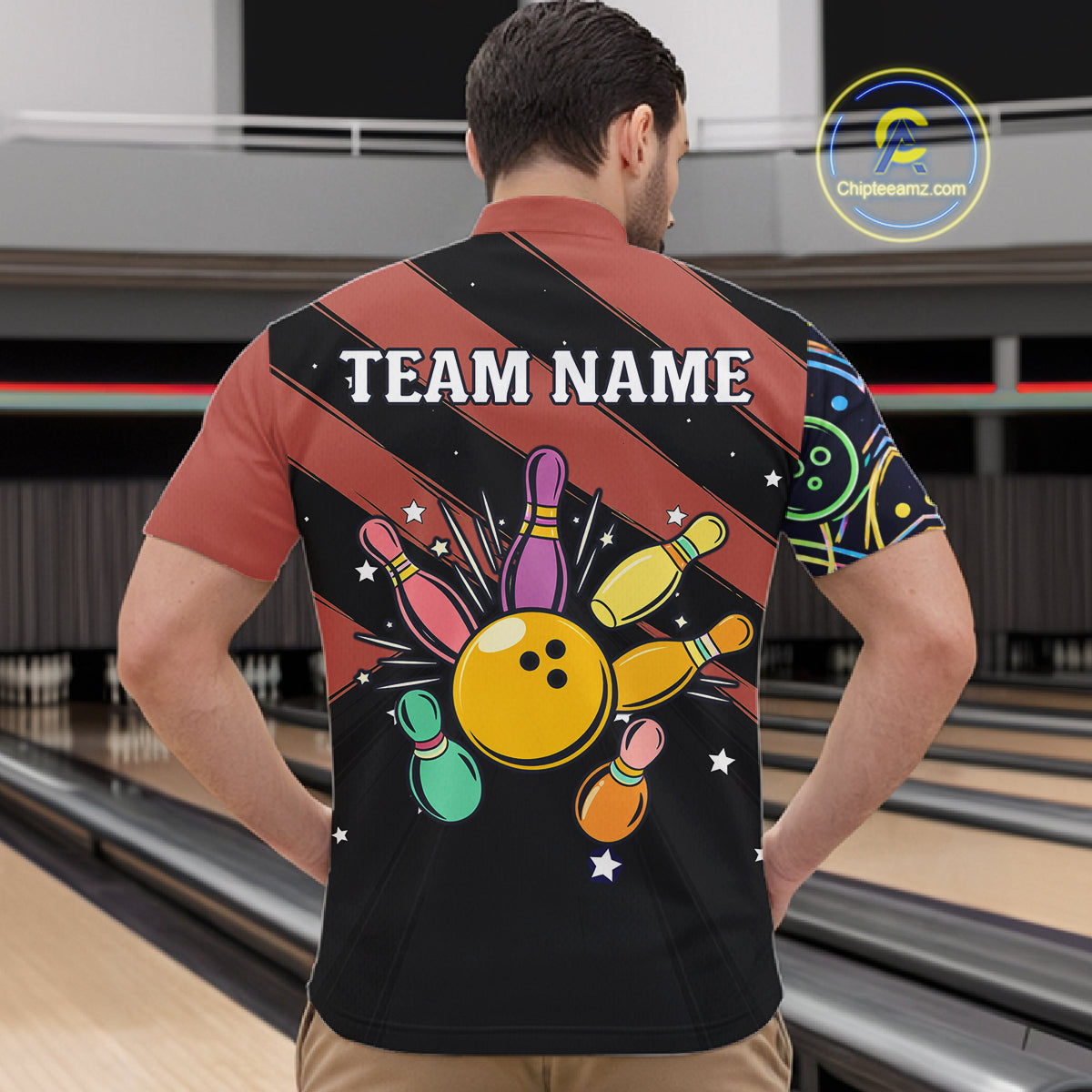 Personalized Funny Neon Bowling Shirt For Men, Retro Bowling Team Jersey Polo & 1/4 Zip | Orange TDM6462