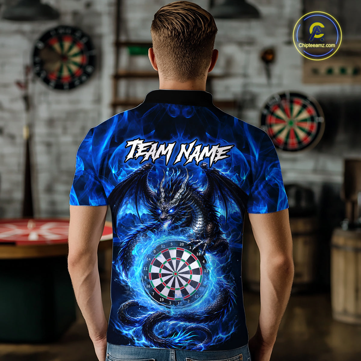 Back view of man wearing a blue flame dragon darts jersey inside a darts arena.