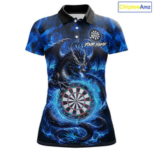 Load image into Gallery viewer, Personalized blue flame dragon darts polo shirt for women with bold league graphics and custom team style.