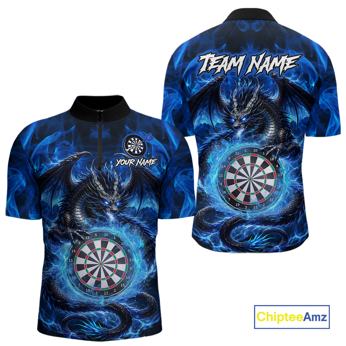 Personalized blue flame dragon darts quarter zip shirt for men built for darts tournaments and league competition.