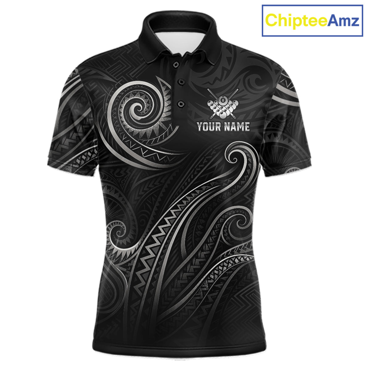 Personalized flame 8 ball billiard polo shirt for men with bold custom league-ready tribal pattern.