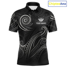 Load image into Gallery viewer, Personalized flame 8 ball billiard polo shirt for men with bold custom league-ready tribal pattern.