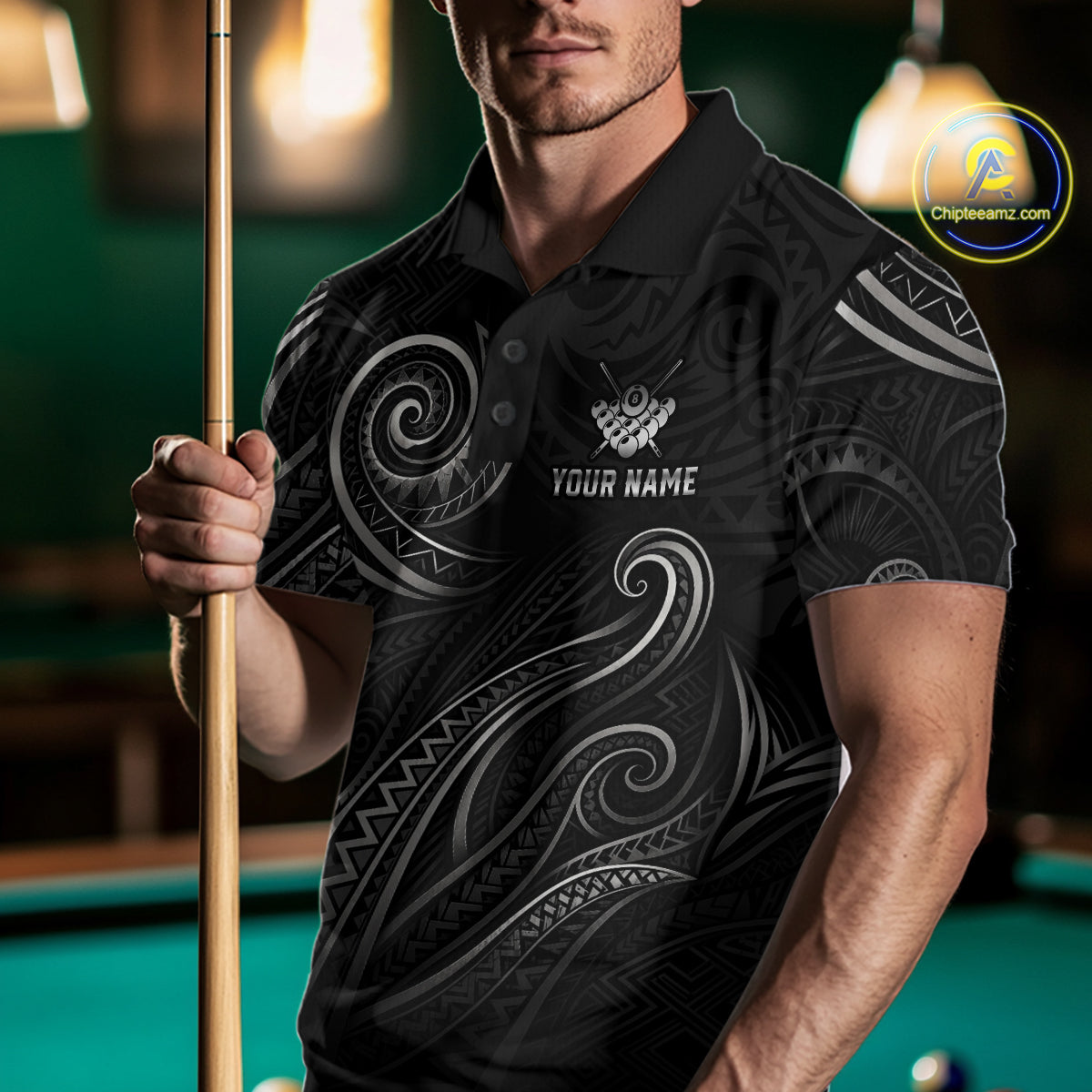 Man wearing a personalized flame 8 ball billiard polo shirt during pool league play front view.