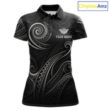Load image into Gallery viewer, Personalized flame 8 ball billiard polo shirt for women with bold custom league-ready tribal pattern.
