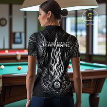 Load image into Gallery viewer, Back view of woman wearing a tribal flame 8 ball billiard shirt inside a billiards hall.