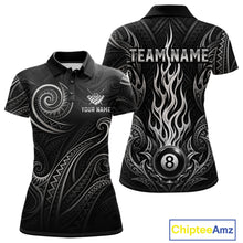Load image into Gallery viewer, Personalized flame 8 ball billiard polo shirt for women with tribal style graphics and custom team design.