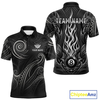 Personalized flame 8 ball billiard polo shirt for men with tribal style graphics and custom team design.