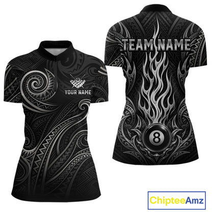 Personalized flame 8 ball billiard quarter zip shirt for women built for pool tournaments and competitive play.