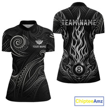 Load image into Gallery viewer, Personalized flame 8 ball billiard quarter zip shirt for women built for pool tournaments and competitive play.