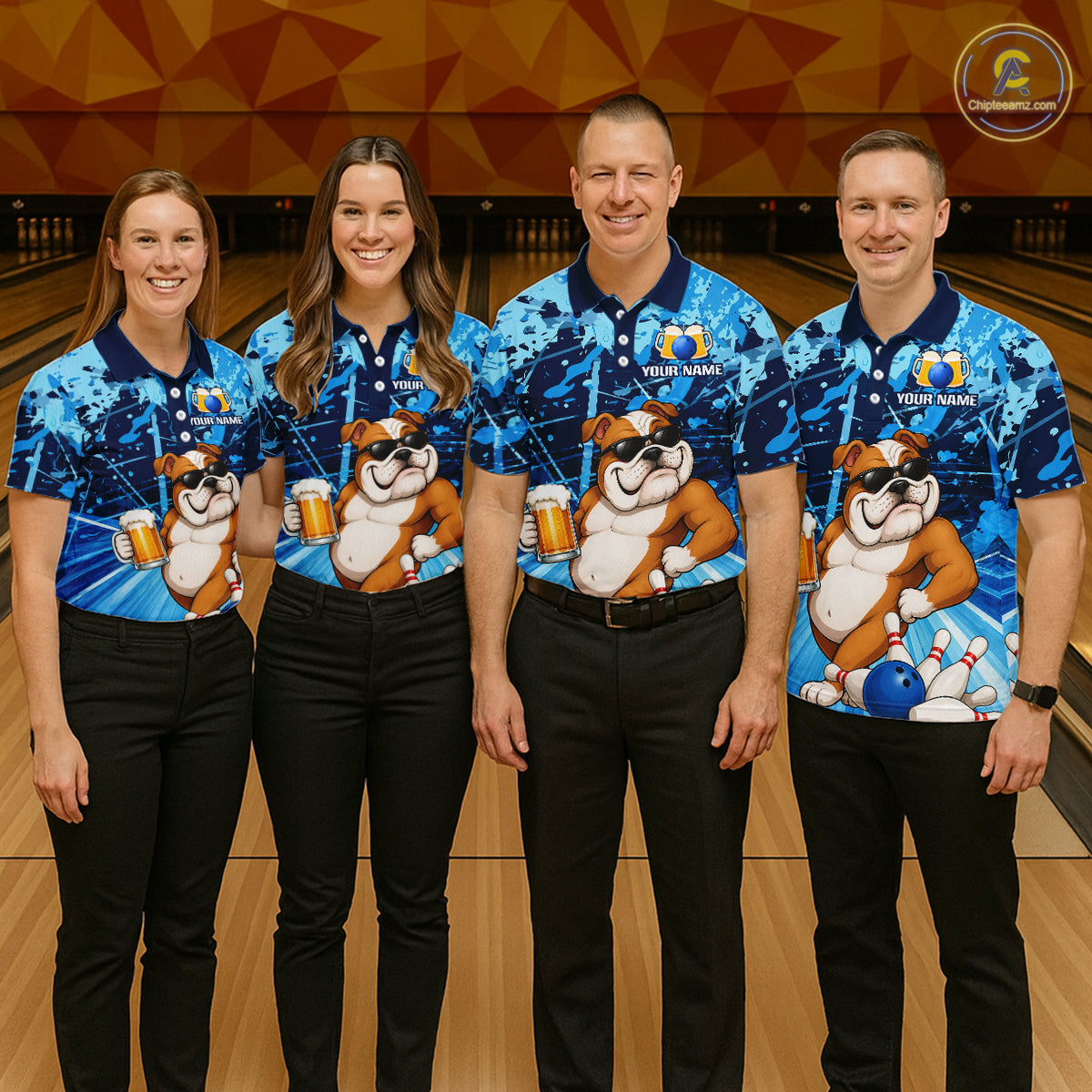 Blue Funny Bulldog Bowling Beer Polo & 1/4 Zip Shirts For Men Custom Bowling Team Jersey TDM6473