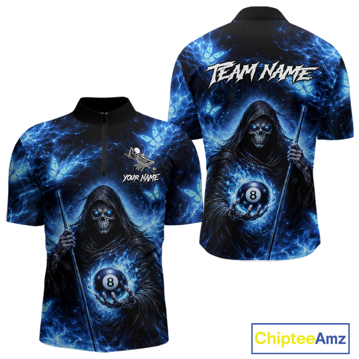 Blue Grim Reaper Butterfly Billiard Shirt For Men Custom 8 Ball Pool Team Jersey Polo & 1/4 Zip TDM6299
