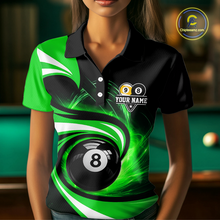 Load image into Gallery viewer, Woman wearing black and green 8 ball and 9 ball pool billiard team jersey polo shirt featuring bold black and green graphics, front view.
