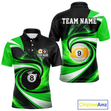 Load image into Gallery viewer, Black and green 8 ball and 9 ball pool billiard team jersey polo shirt for men featuring bold black and green graphics, premium custom pool league apparel for tournaments, league competition and team events.