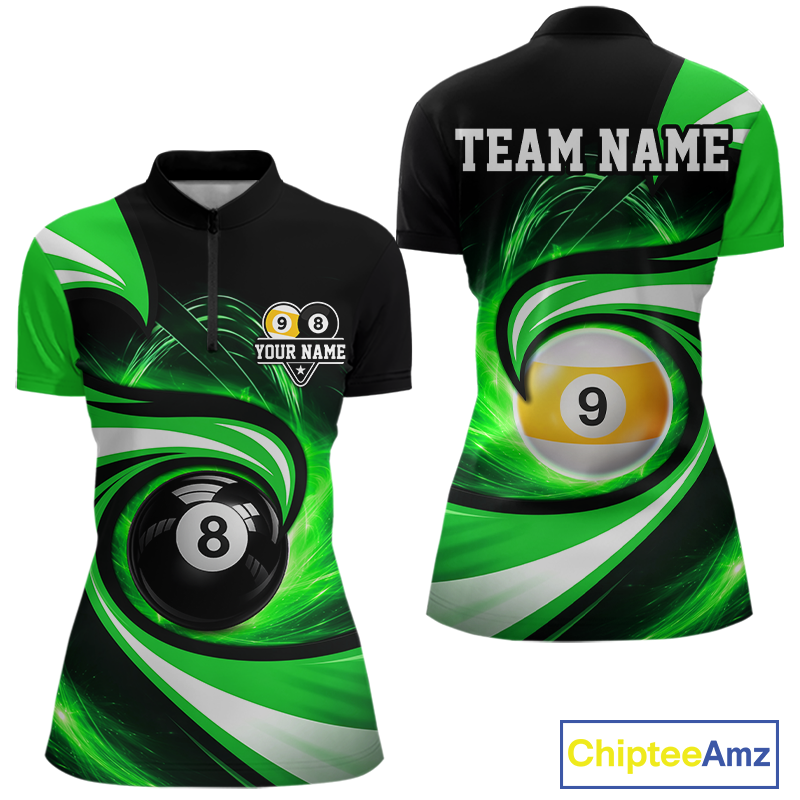 Black and green 8 ball and 9 ball pool billiard team jersey quarter zip shirt for women featuring premium black and green artwork, custom billiard league apparel for competitive players.
