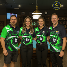 Load image into Gallery viewer, Billiard team wearing matching black and green 8 ball and 9 ball pool team jerseys featuring premium custom artwork, front view.
