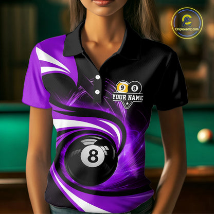 Woman wearing black and purple 8 ball and 9 ball pool billiard team jersey polo shirt featuring bold black and purple graphics, front view.