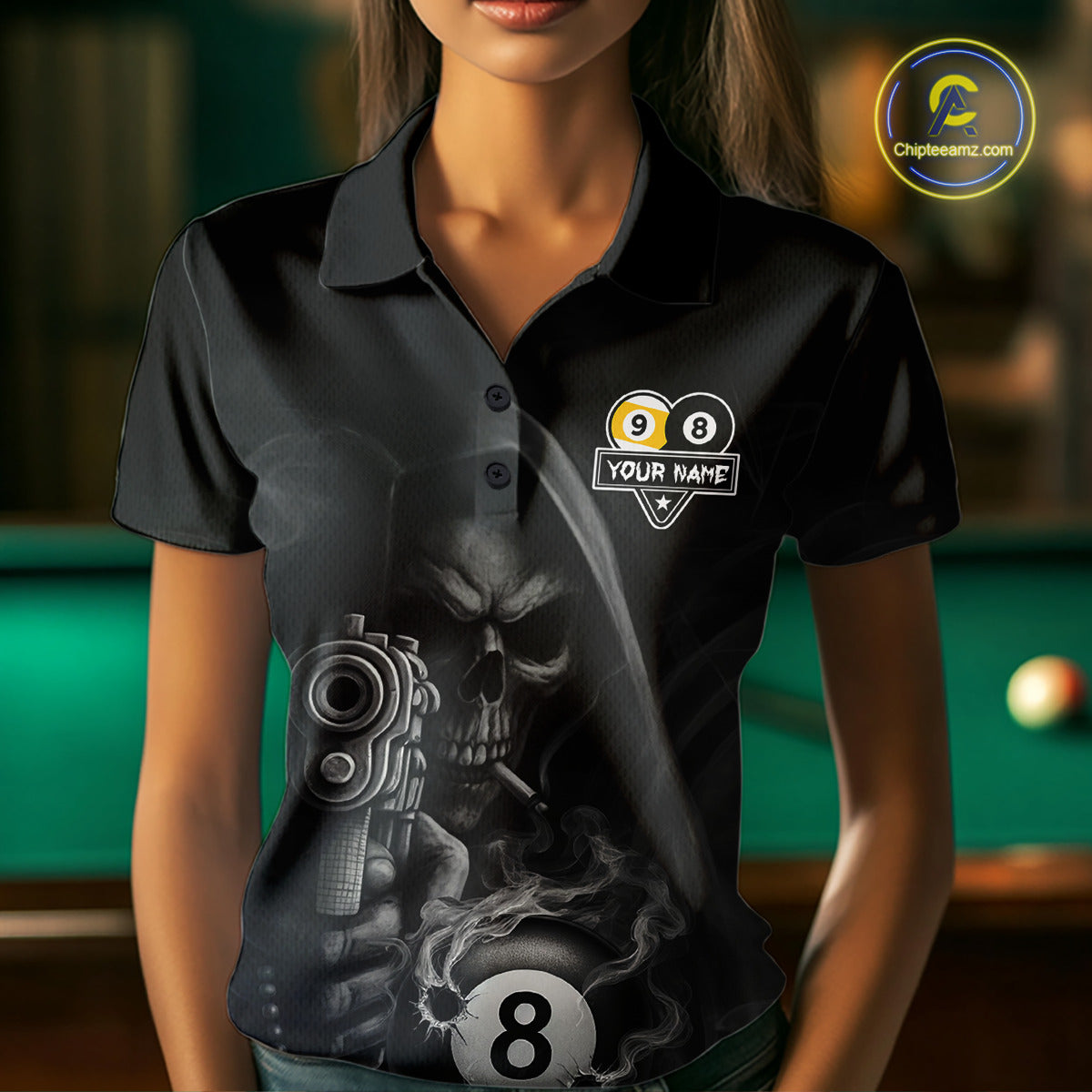 Custom Grim Reaper 8 Ball & 9 Ball Smoke Billiard Shirt For Women, Pool Team Jersey Polo & 1/4 Zip TDM6496