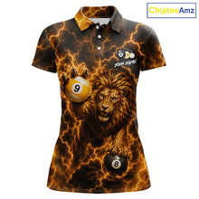Load image into Gallery viewer, Custom yellow lightning lion 8 ball and 9 ball billiard pool team jersey polo shirt for women featuring a powerful lion with yellow lightning artwork, premium custom pool league apparel for tournaments and competitive billiard players.