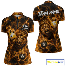 Load image into Gallery viewer, Custom yellow lightning lion 8 ball and 9 ball billiard pool team jersey quarter zip shirt for women featuring fierce lion graphics with yellow lightning artwork, premium custom billiard league apparel.