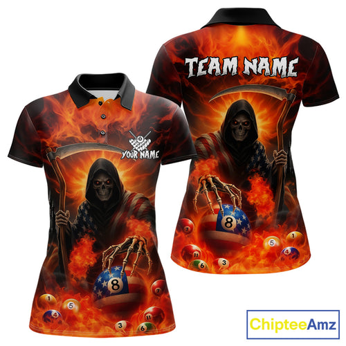 Orange Fire Flame US Flag Grim Reaper Women's Billiards Shirts Custom 8 Ball Pool Team Jersey TDM5200
